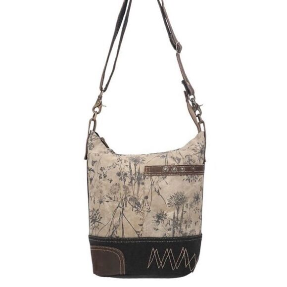 Myra Solidaster Crossbody Shoulder Upcycled Bag Leather Canvas Studded Floral - Picture 3 of 16